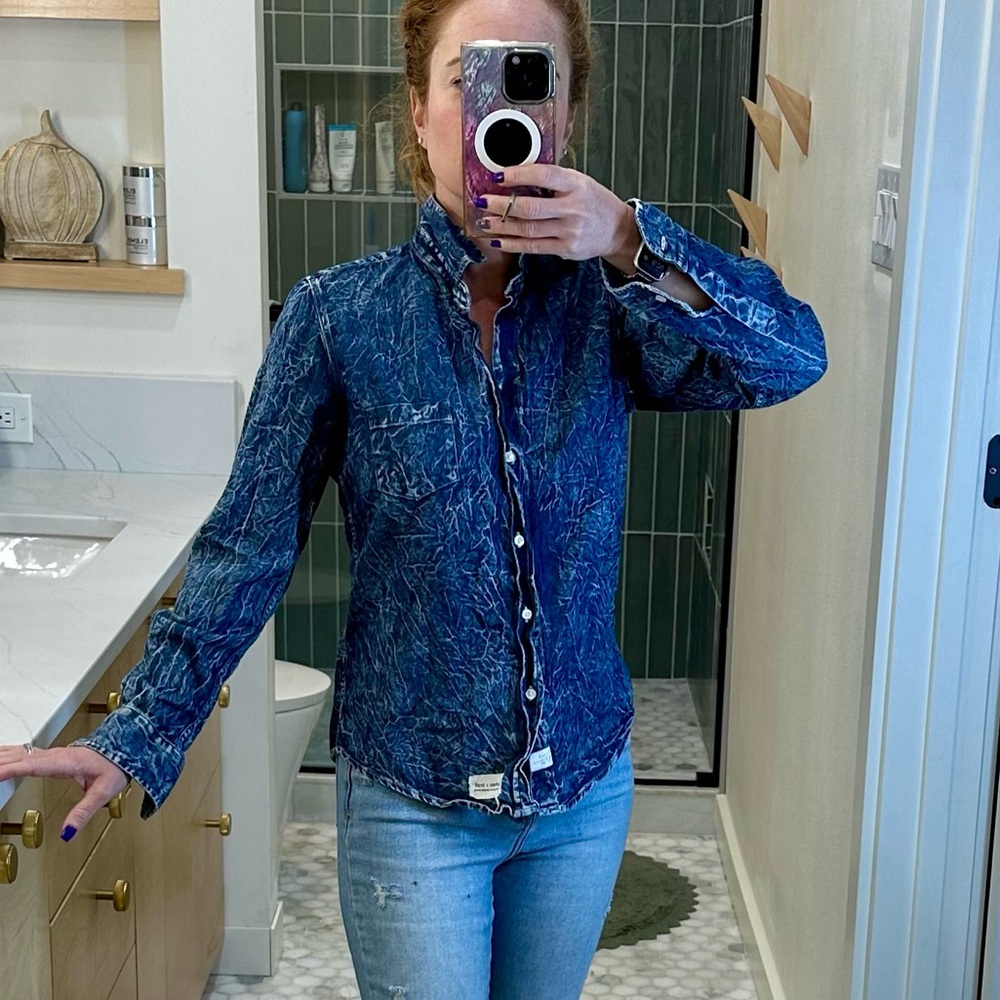 Frank & Eileen Navy Marble-Print Button-Down Shirt